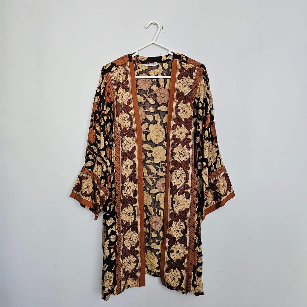 Soft Surroundings Black and Tan Floral Kimono Sweater